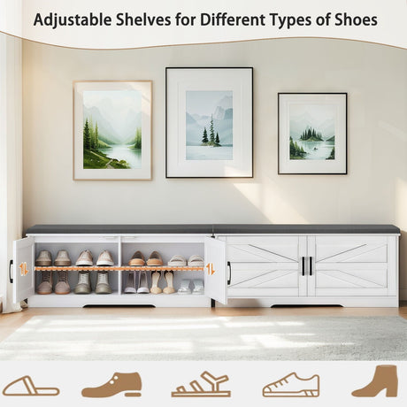 2 Tier Shoe Bench With Padded Seat, 2 Barn Doors And Adjustable Shelves, For Entryway And Living Room - White HouseOfZazla