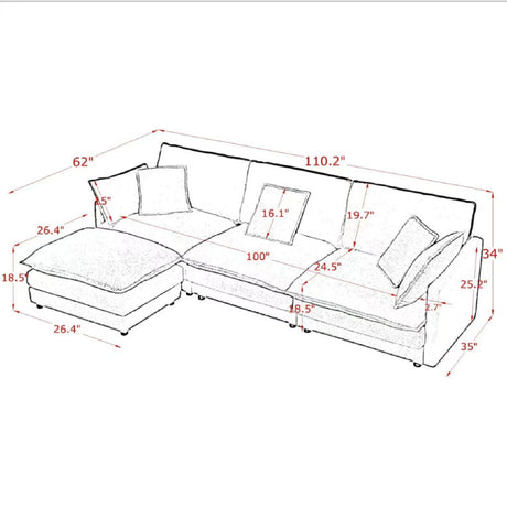 L-Shaped Sectional Sofa With Ottoman, Convertible 4 Seater Couch HouseOfZazla