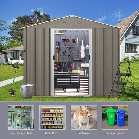 8X10Ft Outdoor Metal Storage Shed - Gray HouseOfZazla