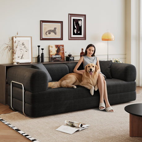 78.8' Compression Sofa,Convertible Floor Sofa Bed-with Pillow Back Support Armrest,Comfy Futon Couch Sleeper Bed,Loveseats Boneless Modular Sectional Sofa,Corduroy fabric,for Living Room,Bedroom,Black HouseOfZazla