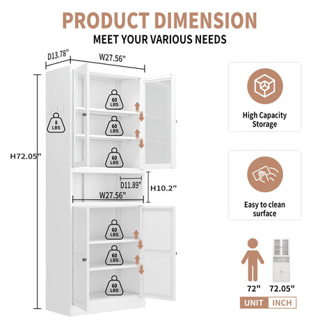 Metal Kitchen Pantry Cabinet Tall Storage With Adjustable Shelves, Heavy Duty Stainless Steel Frame - White HouseOfZazla