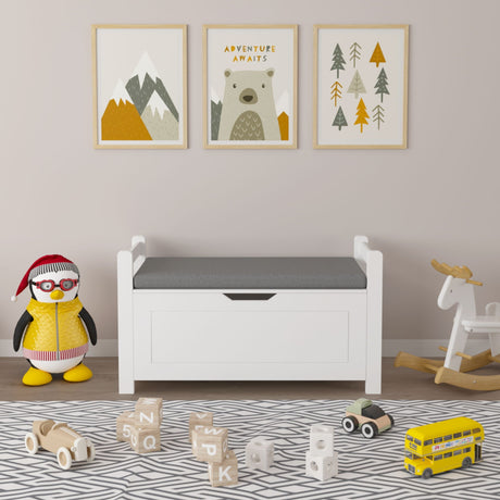 Kids Toy Box Chest Storage Cabinet With Cushion Seat Bench Flip Top Lid Safety Hinge - White HouseOfZazla