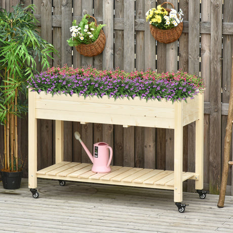 Outsunny - Raised Garden Bed, 47" x 22" x 33", Elevated Wooden Planter Box With Lockable Wheels, Storage Shelf, And Bed Liner For Backyard, Patio - Natural HouseOfZazla