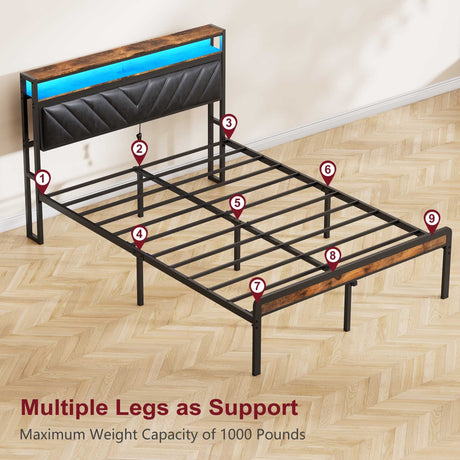 Full Size Metal Platform Bed Frame with Adjustable Upholstered Headboard HouseOfZazla