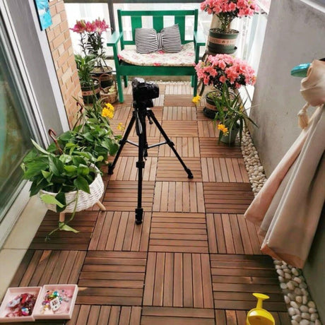 Interlocking Deck Tiles Striped Pattern, Square Acacia Hardwood Outdoor Flooring For Patio, Bancony, Pool Side HouseOfZazla