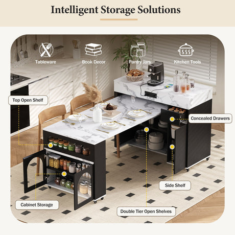 Extendable Dining Table With Folding Top, Rolling Kitchen Island With Drawers And Power Outlet HouseOfZazla