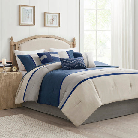 7 Piece Faux Suede Comforter Set Blue Queen HouseOfZazla