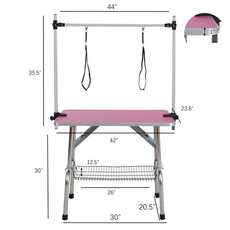 Folding Dog Pet Grooming Table Stainless Steel Frame Rubber Mat On Board With Adjustable Arm And Clamps Pet Dog Cat Grooming Table HouseOfZazla