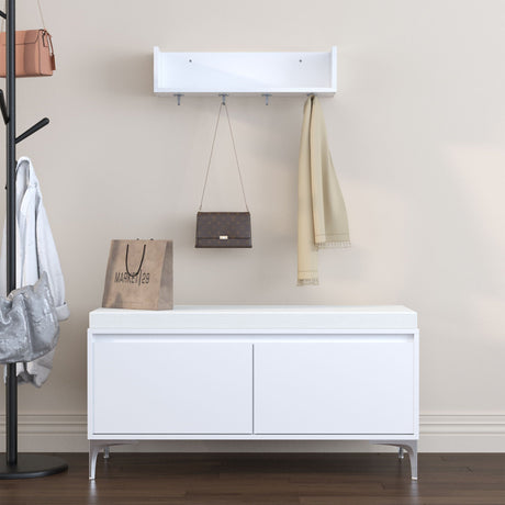 Wall Mounted Entryway Shelf With Hooks And Storage Bench Set - Off White HouseOfZazla