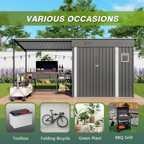 Lean To Shed With Open Sided Pergola, Outdoor Storage Shed & Attached Hardtop Gazebo Combo - Gray HouseOfZazla