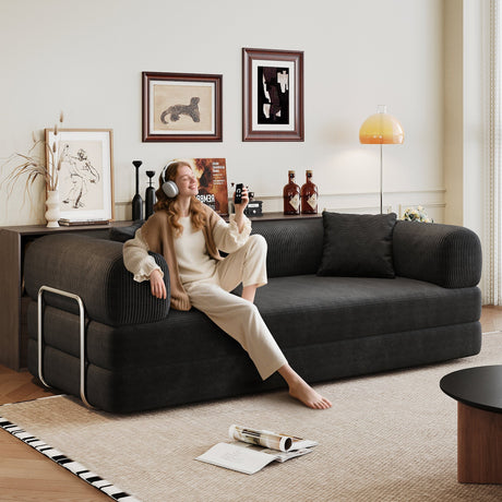 78.8' Compression Sofa,Convertible Floor Sofa Bed-with Pillow Back Support Armrest,Comfy Futon Couch Sleeper Bed,Loveseats Boneless Modular Sectional Sofa,Corduroy fabric,for Living Room,Bedroom,Black HouseOfZazla