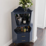 Corner Bar Cabinet With Mirrored Back, 2 Open Shelves & 2 Drawers