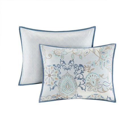 8 Piece Cotton Floral Printed Reversible Comforter Set Blue HouseOfZazla