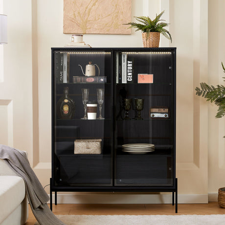 Modern Minimalist Style LED Curio Cabinet With Tempered Glass Door, Metal Legs HouseOfZazla