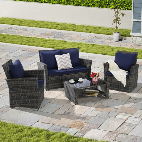 4 Pieces Outdoor Patio Furniture Set with Rattan Chairs and Tempered Glass Table HouseOfZazla