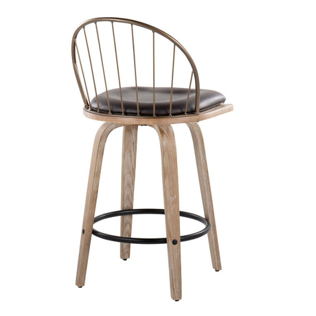 Riley - Farmhouse Fixed Height Counter Stool Round Footrest With Removable Cushion (Set of 2) - White Washed / Antique Copper / Brown HouseOfZazla