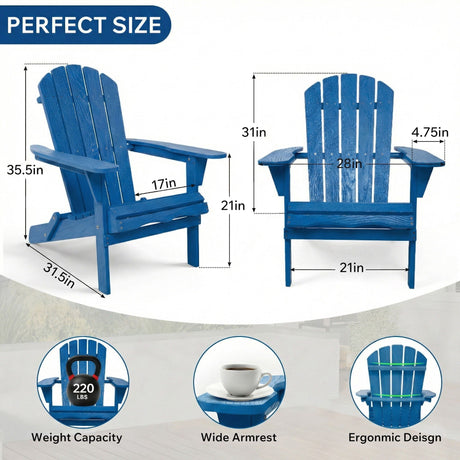 Folding Adirondack Lounge Chair With Embossed Grain For Patio, Backyard, Deck Or Pool Side - Navy Blue HouseOfZazla