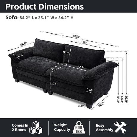 Living Room Furniture Big Loveseat Luxury Couch with Soft Chenille Upholstered Sofa Black HouseOfZazla