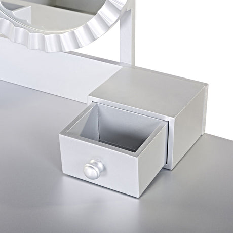 Luxury Vanity Desk With Round Mirror Height Adjustable Dressing Table Set Engineered Wood - Silver HouseOfZazla
