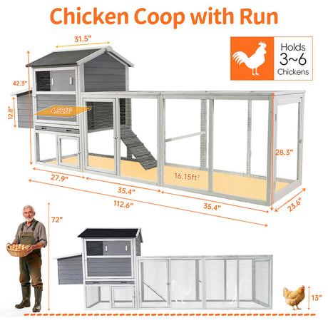Gray Wooden Chicken Coop with Run and Nesting Box HouseOfZazla