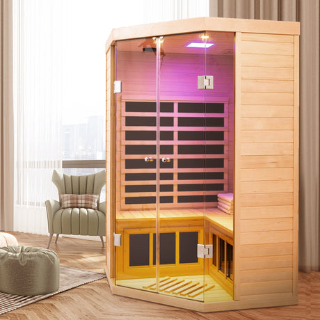 Deluxe Hemlock Far Infrared Corner Sauna Room with Glass Front for Two Persons HouseOfZazla