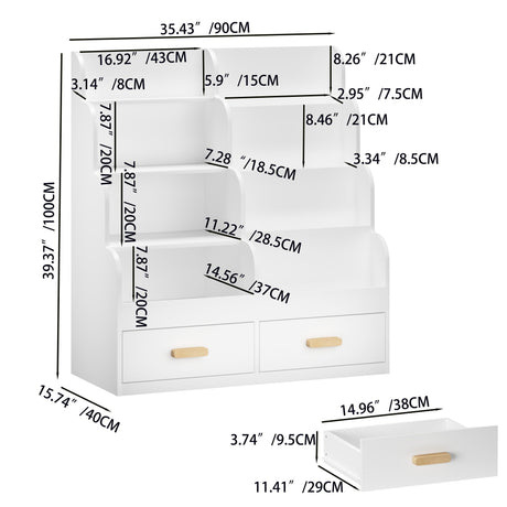 Bookshelf With 2 Storage Drawers, Front Facing Bookcase And Toy Organizer, Multi Tier Reading Shelf - White HouseOfZazla