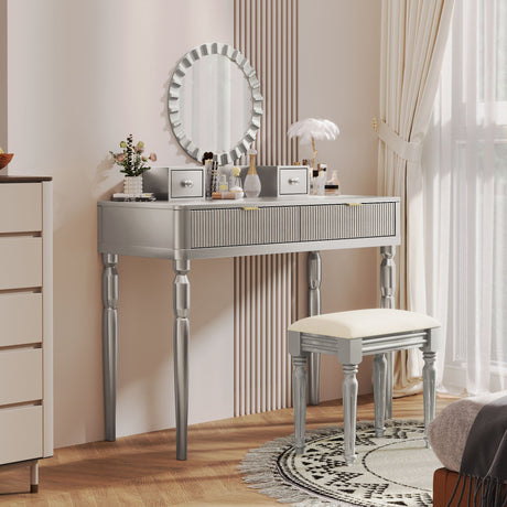 Luxury Vanity Desk With Round Mirror Height Adjustable Dressing Table Set Engineered Wood - Silver HouseOfZazla