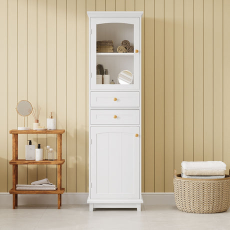 Tall Bathroom Storage Cabinet With Glass Doors, Free-Standing, Two Drawers, And Adjustable Shelves, Board, Painted Perfect For Displaying Your Favorite Items HouseOfZazla