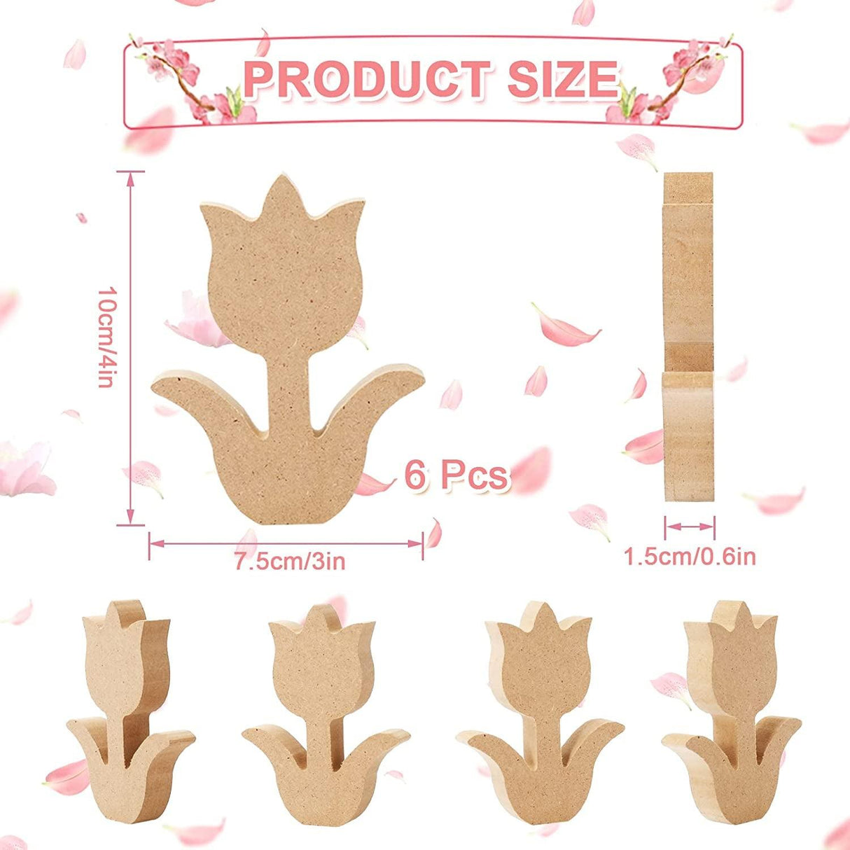 6Pcs Wooden Tulip Cutouts Unfinished Table Wooden Signs Tulip Shaped Craft Tags Slice WoodArtSupply