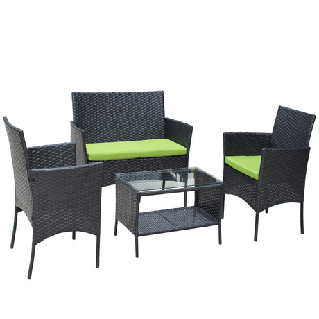 4 PC Rattan Patio Furniture Set Outdoor Cushioned Wicker Sofa Green Cushion HouseOfZazla