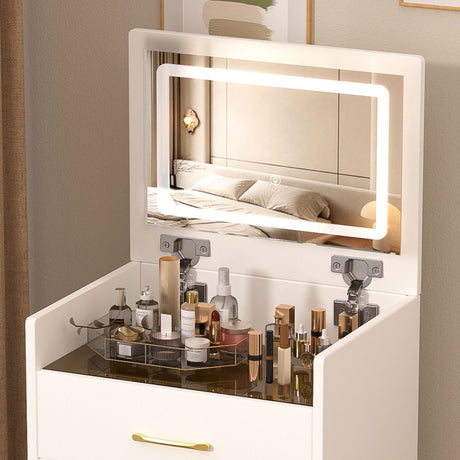 Compact 3 In 1 Vanity Desk With Open Top Mirror, Glass Desktop, 5 Height - White HouseOfZazla
