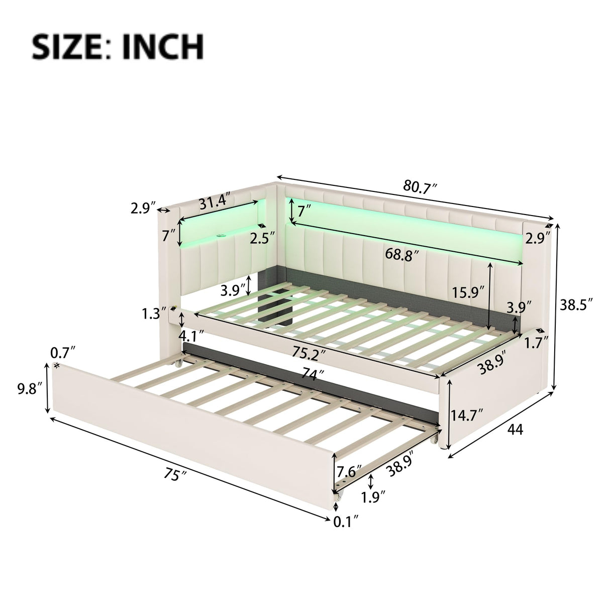 Merax Modern Upholstered Platform Bed Frame with USB Ports & Trundle Bed, Floor Sofa Day Bed, No Box Spring Needed/Easy Assemble/Twin,White Merax