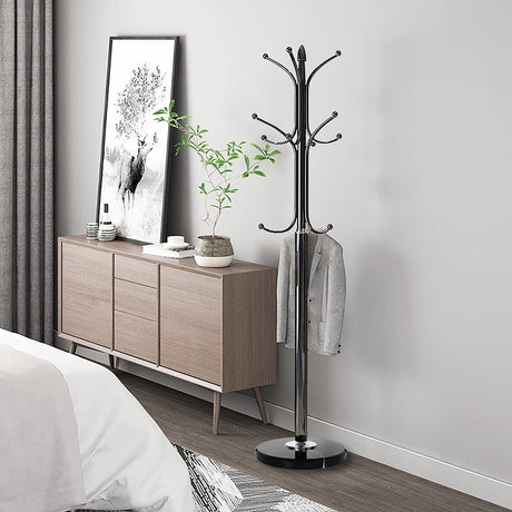 Kertnic Metal Coat Rack Stand with Natural Marble Base, Free Standing Hall Tree with 12 Hooks for Hanging Scarf, Bag, Jacket, Home Entry-way Hat Hanger Organizer (Black) Kertnic