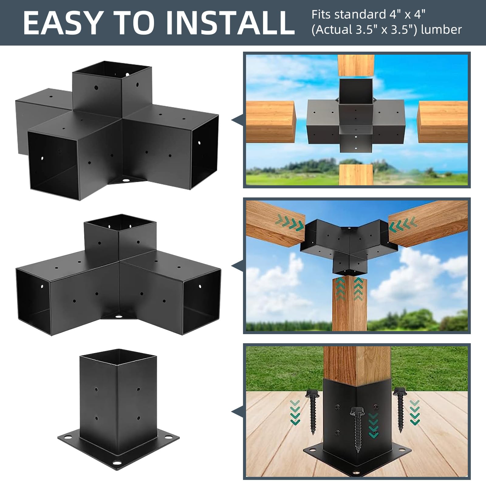 LITLANDSTAR Pergola Kit, Pergola Brackets 3-Way & 4-Way Right Angle Corner Bracket with Post Base Woodworks DIY Pergola Hardware Kit Elevated Wood Stand Kit 12 Pack with Screws for Gazebo 4”x - WoodArtSupply