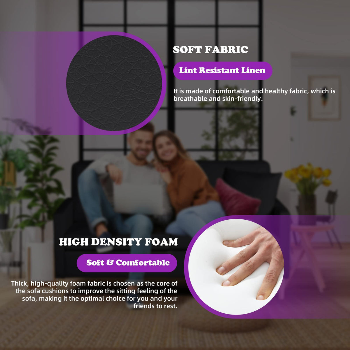 TYBOATLE 66" Sofa Couches Set of 2, Black Leather Loveseat w/ 2 USB Charging Ports & Pillow, Modern Love Seats and Armchair, Small 2 Seater Couch for Living Room, Small Spaces, Office, Bedroom TYBOATLE