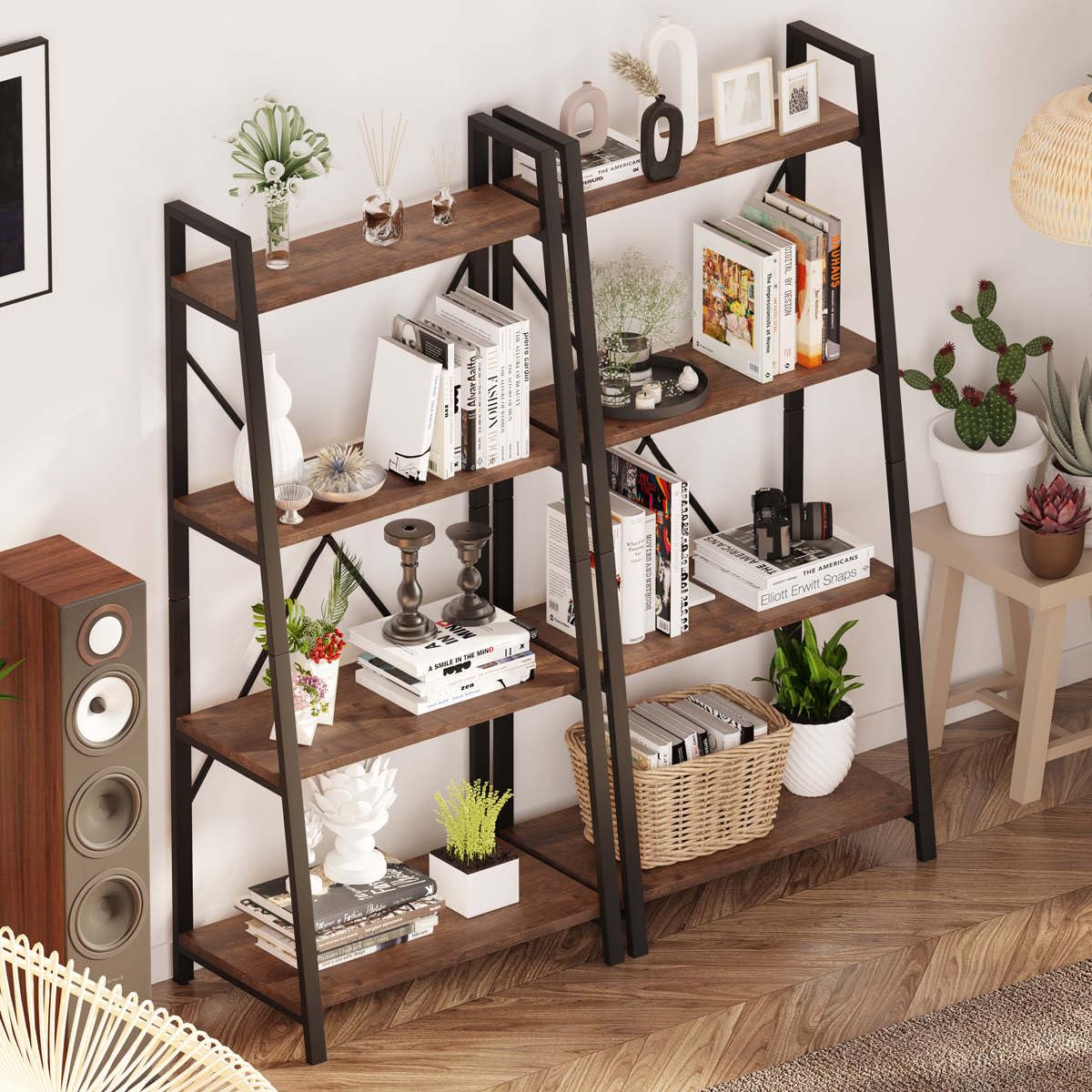 BON AUGURE Industrial Ladder Shelf Bookcase, 4 Tier Rustic Ladder Bookshelf, Standing Leaning Book Shelves for Living Room (Rustic Oak) BON AUGURE