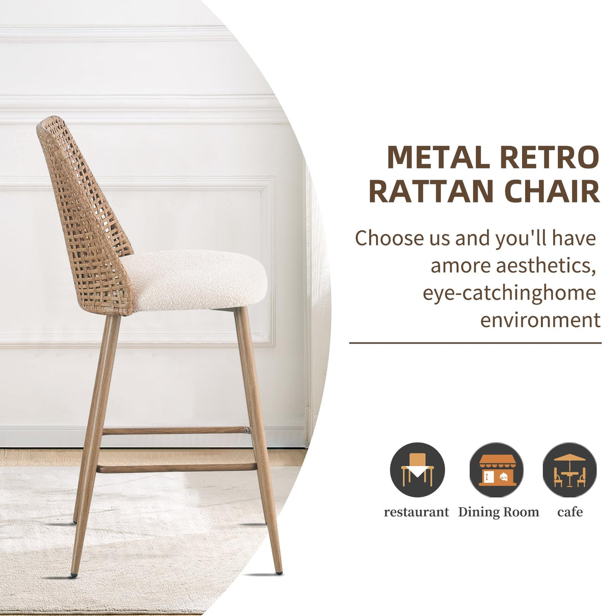 JALOURT Rattan Bar Stools Set of 2, 26 Inches Height Wicker Bar,PE Rattan Stools with Metal Legs,Wicker Bar Stools Set of 2 JALOURT