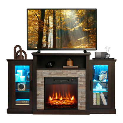 COSTWAY Electric Fireplace TV Stand for TVs Up to 65 Inches, 18-inch Fireplace Insert with APP & Remote Control, 16 Color Lights, Wooden Entertainment Center with Adjustable Shelves (Dark Brown)