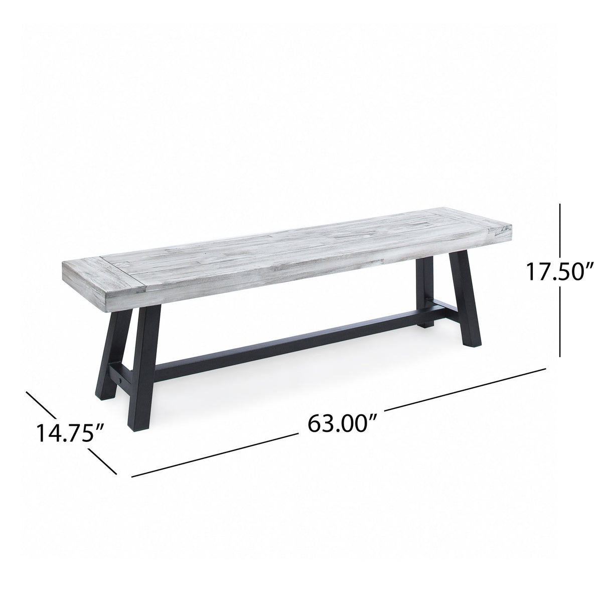Great Deal Furniture Cassie Outdoor Light Grey Sandblast Finish Acacia Wood Dining Bench with Black Rustic Metal Finish Frame GDFStudio