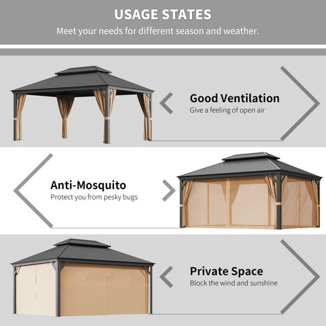 Greesum 12'x16' Hardtop Metal Gazebo, Outdoor Galvanized Steel Double Roof Canopy, Aluminum Frame Permanent Pavilion with Netting and Curtains for Patio, Backyard, Deck and Lawns Greesum