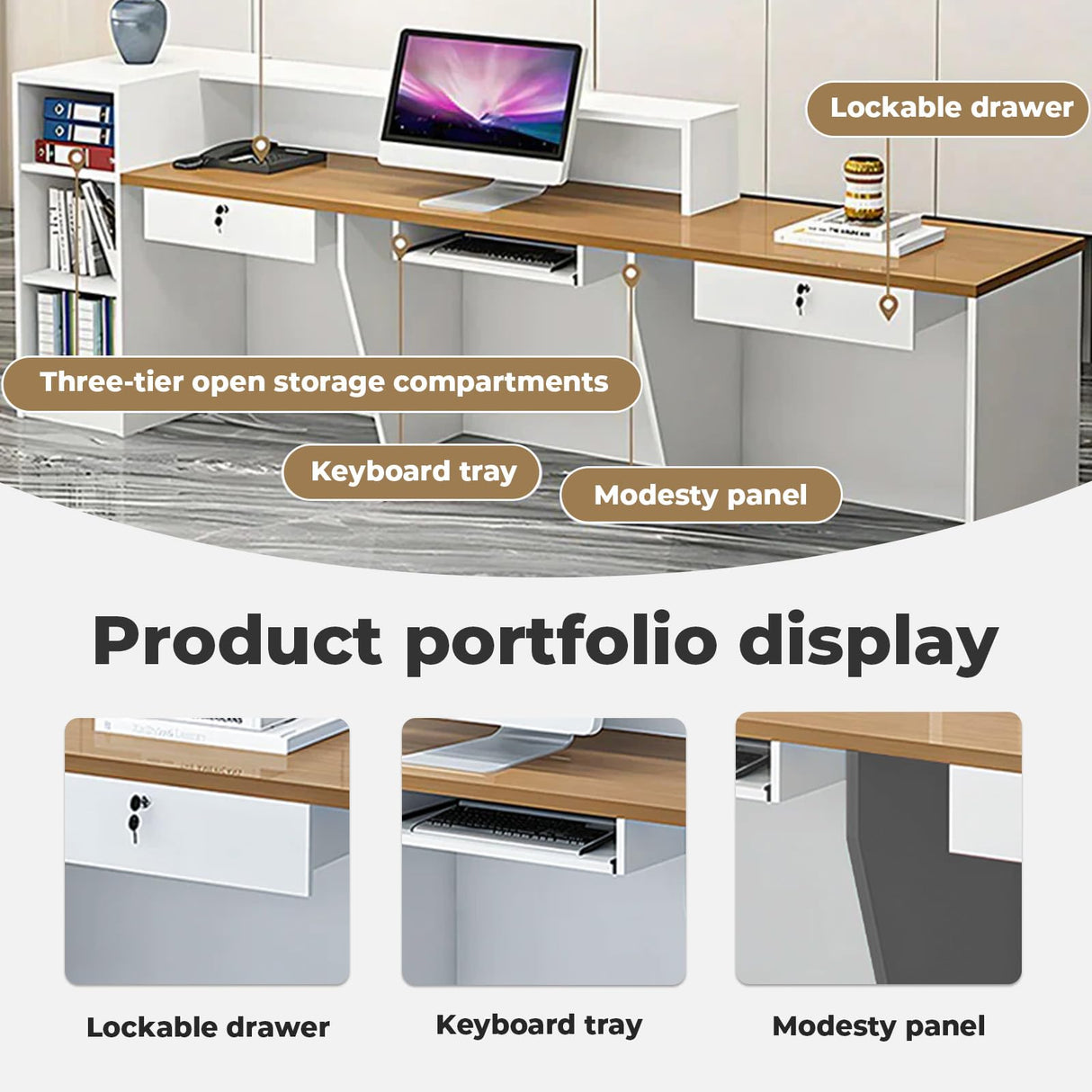 Huariifowm Modern Reception Desk Counter Table, Front Desk with Lockable Drawer & Open Shelves, Reception Table with Private Panels for Office (Gray Grain + White/Right,59" L*24" W*39" H) Huariifowm