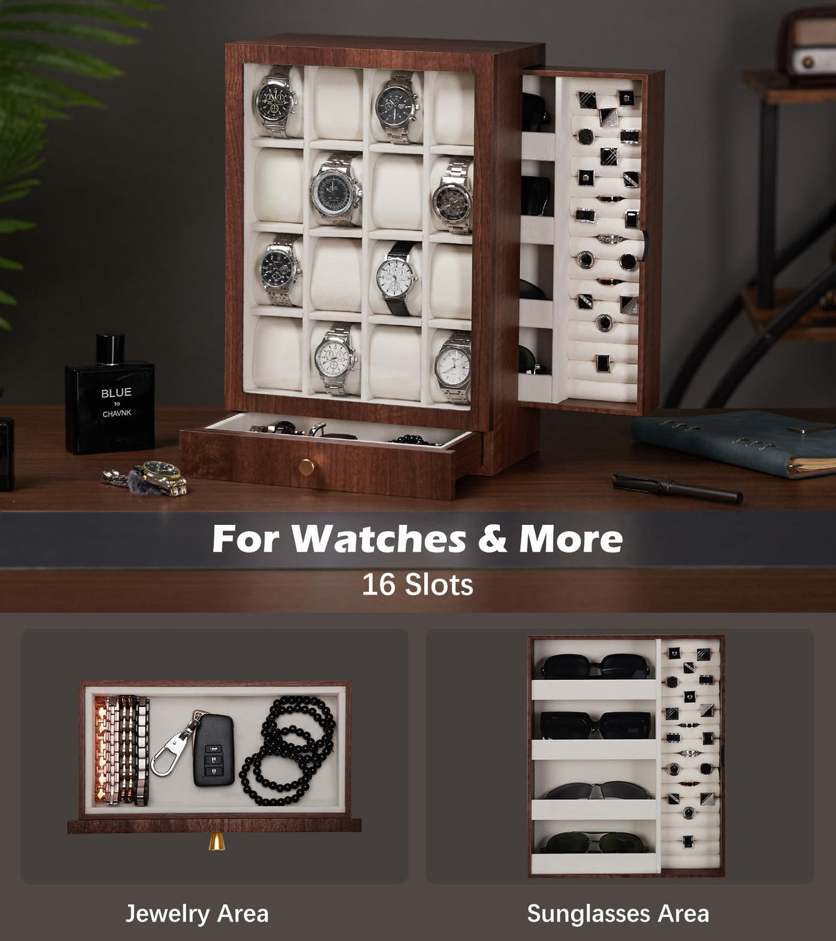 Homde Watch Box Wooden Display: Large Wood Storage for Men's Nightstand - Timeless Home Organizer (L Size) Homde