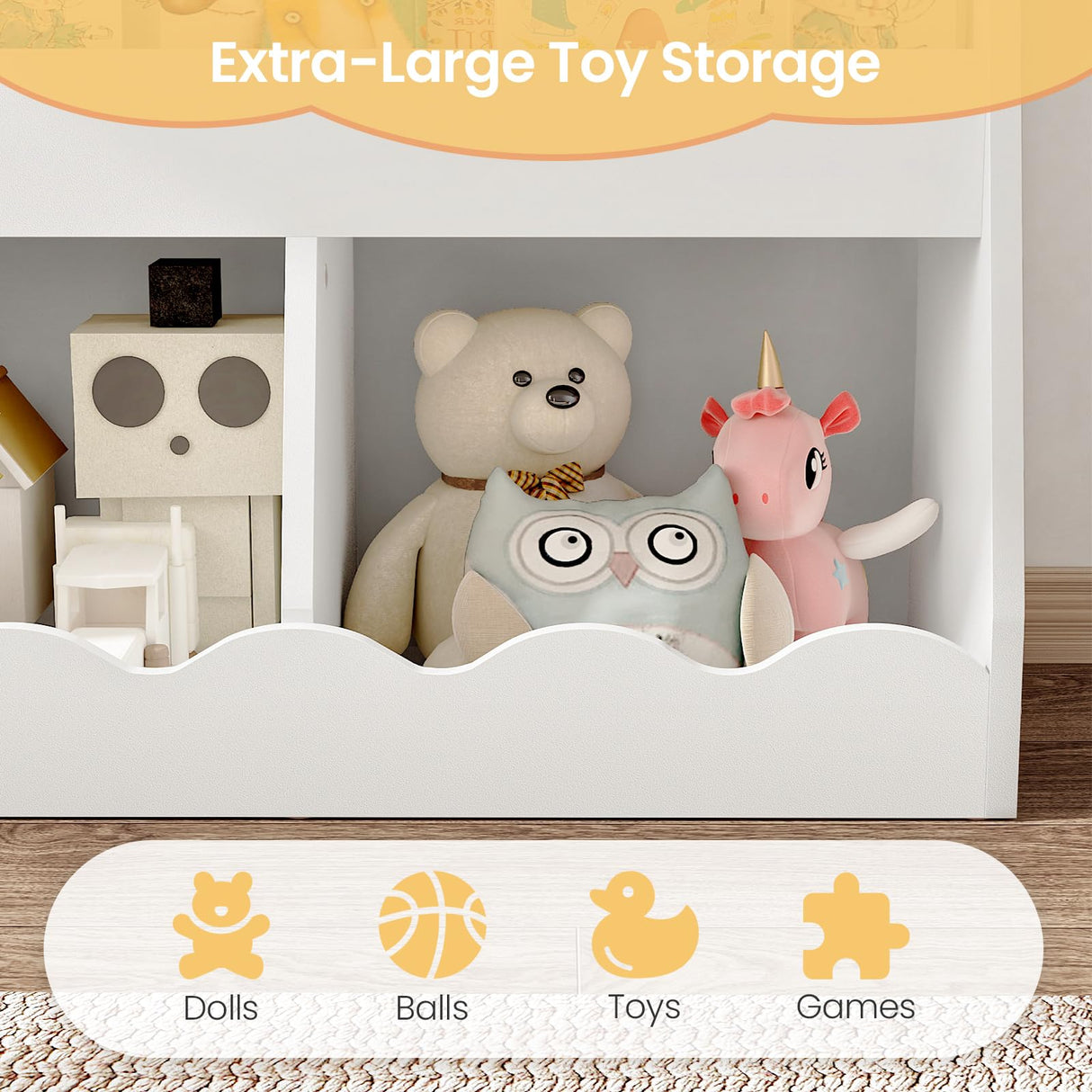 CHOEZON Kids Bookshelf and Toy Storage, Children's Bookcase with 2 Toy Cubes, Toddler Book Shelf for Kids Room, Wooden Book Organizer, for Playroom, Nursery, Living Room, White MCW15WB CHOEZON