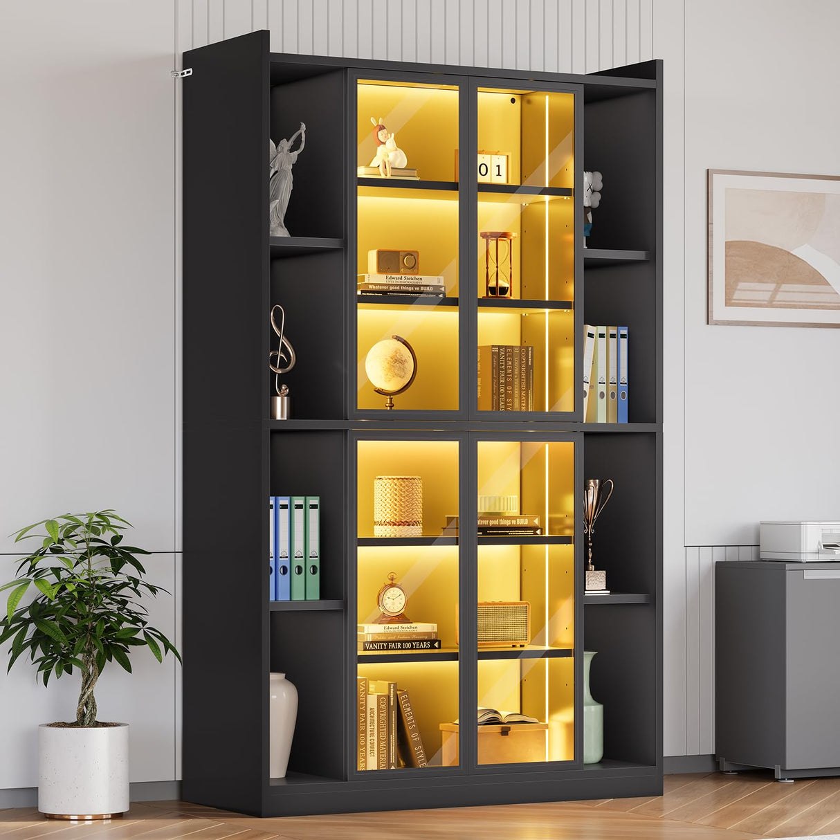 SEDETA 71" Display Cabinet with Acrylic Glass Doors, 6 Tier Display Cases for Collectibles, Curio Cabinet with LED Lights, Tall Bookcase with Adjustable Shelves, Black SEDETA