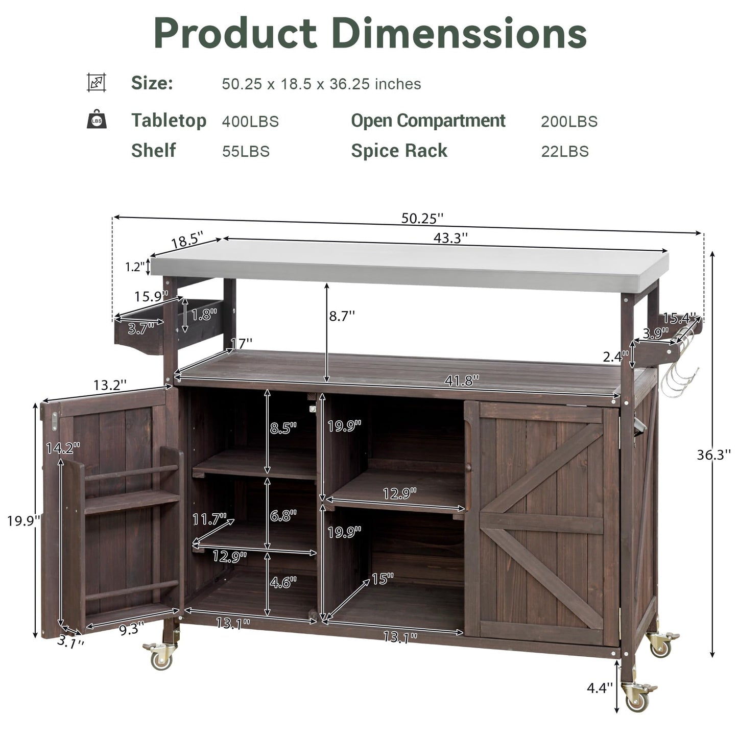 Outdoor Kitchen Island, Rolling Bar Cart & Storage Cabinet, Farmhouse Solid Wood Outdoor Grill Table with Stainless Steel Top, Spice Rack, Towel Rack for Kitchen & Barbecue (Dark Brown-N)