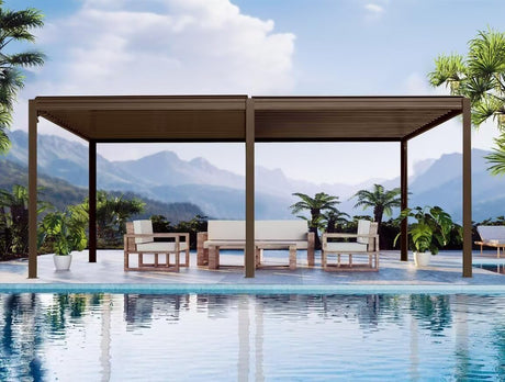 Domi Outdoor Louvered Pergola 10x20FT with Adjustable Steel Roof, Outdoor Aluminum Frame Rainproof Pergola for Backyard, Garden and Lawn,Brown domi outdoor living