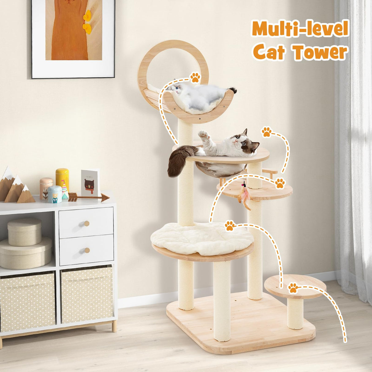 Tangkula Solid Wood Cat Tree, 4-in-1 Building Block Large Cat Tower with Space Capsule Nest, Sisal Scratching Posts, Padded Platform, Hanging Toy, Cat Tree Tower with 4 Transformations for Indoor Cats Tangkula