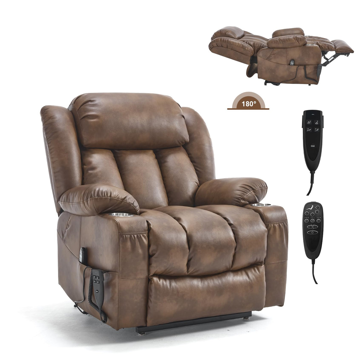 RHHVVR Electric Lift Chair Oversized, Dual Motor Power Lift Recliner Faux Leather Sofa with 8-Point Vibration Massage and Lumbar Heating, Stainless Steel Cup Holders for Elderly, Medium-Firm, Brown RHHVVR