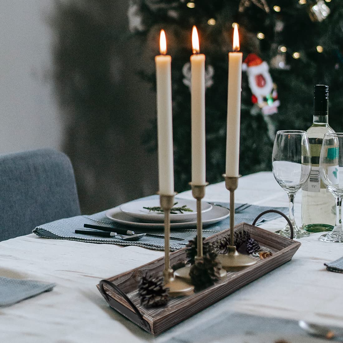 Aglary Wooden Tray Candle Holder with Black Metal Handles, Rectangular Centerpiece for Dining Table. Home Decor Accessories for Coffee Table, Kitchen Counter, Fireplace or Farmhouse.