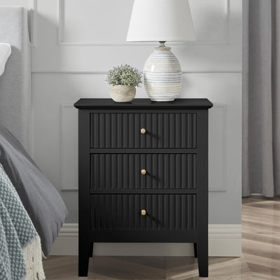 OCANDO Fluted Black Nightstand 19", 3 Drawers Night Stand, Bed Side End Table for Small Living Room, Modern Bedroom Storage Cabinet